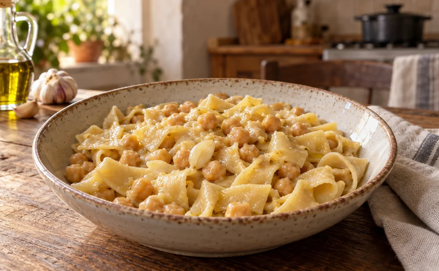 Piatto di lagane fresche condite con ceci e olio extravergine d'oliva