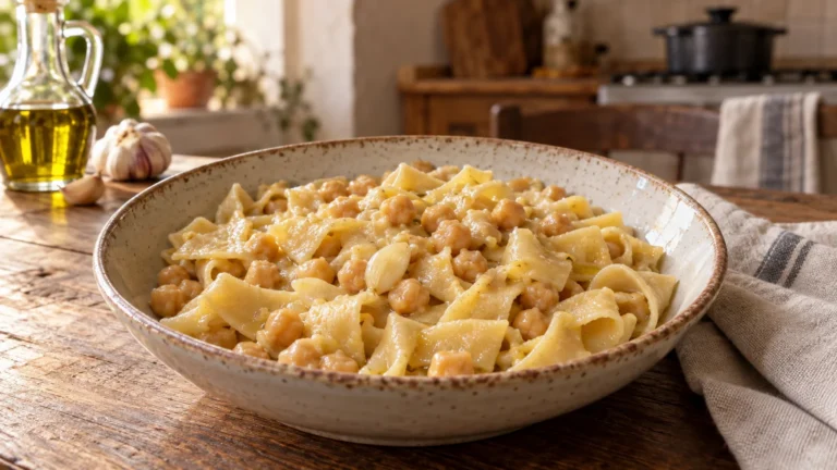 Piatto di lagane fresche condite con ceci e olio extravergine d'oliva