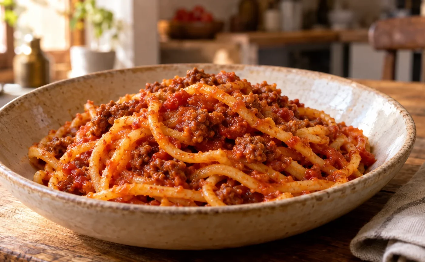 Maccheroni alla chitarra abruzzesi freschi conditi con ragù di pomodoro in un piatto di ceramica