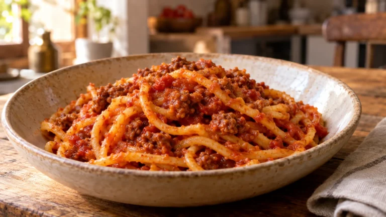 Maccheroni alla chitarra abruzzesi freschi conditi con ragù di pomodoro in un piatto di ceramica