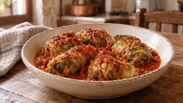 Mazzarelle teramane di coratella d’agnello servite con sugo di pomodoro