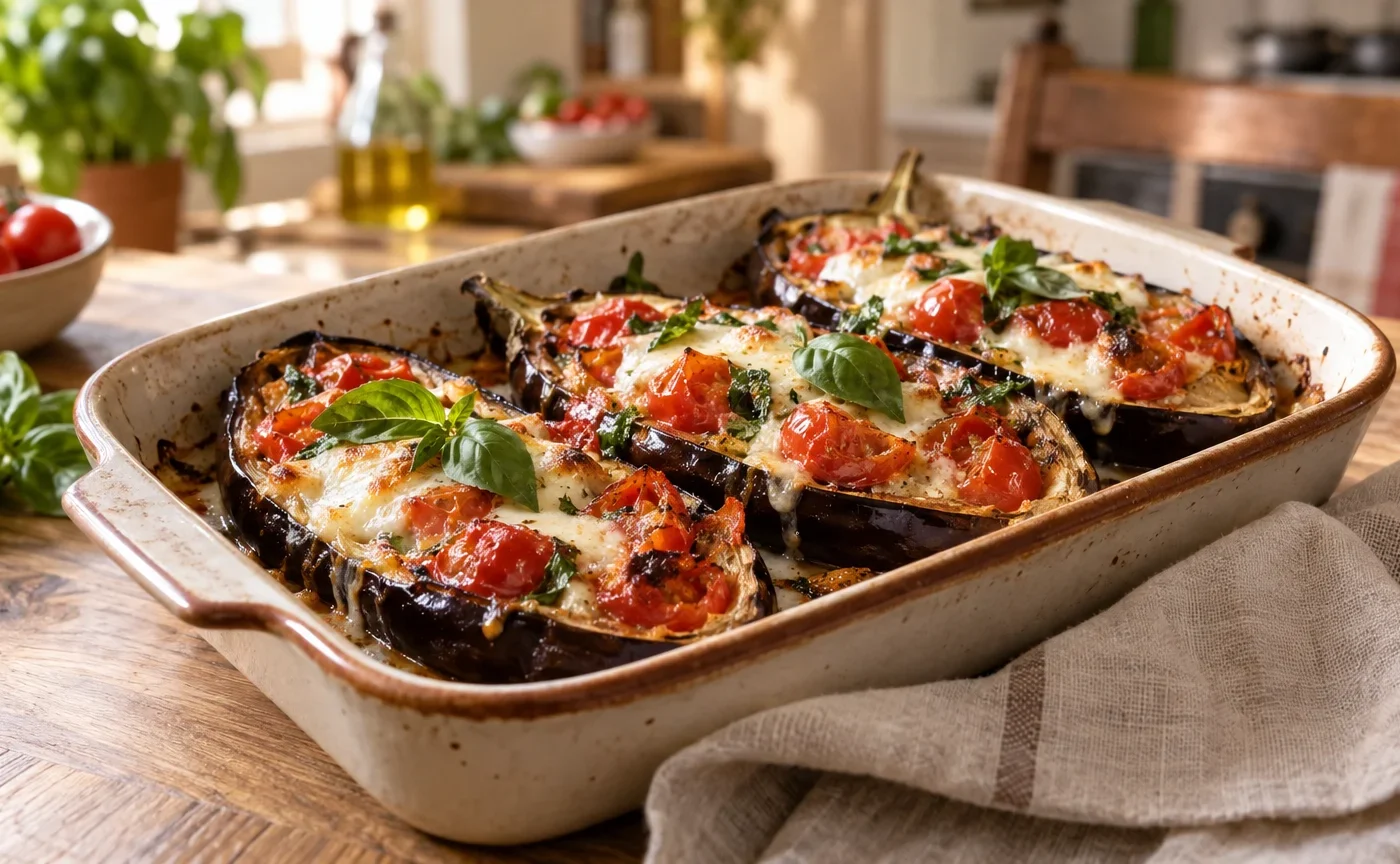 Melanzane a barchetta napoletane ripiene di pomodorini e mozzarella in una pirofila