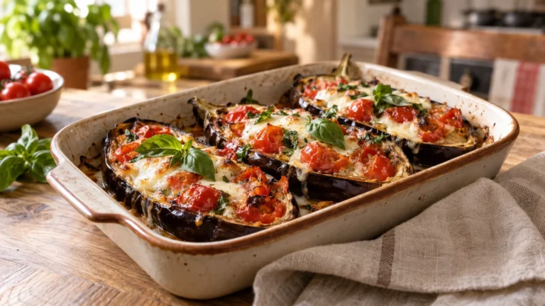 Melanzane a barchetta napoletane ripiene di pomodorini e mozzarella in una pirofila