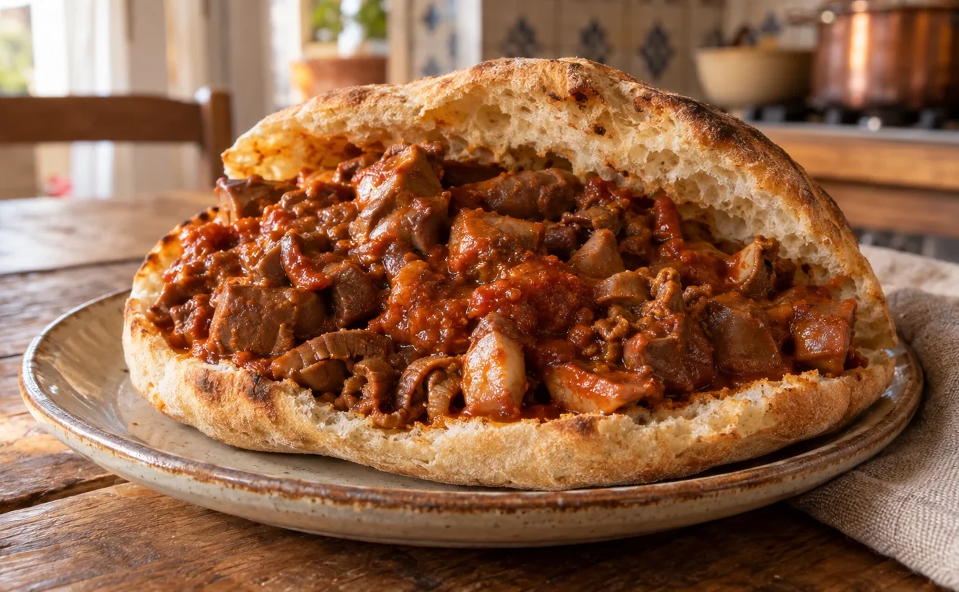Morzeddhu catanzarese caldo servito nella pitta calabrese
