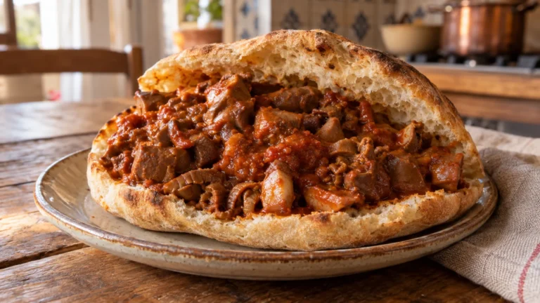 Morzeddhu catanzarese caldo servito nella pitta calabrese