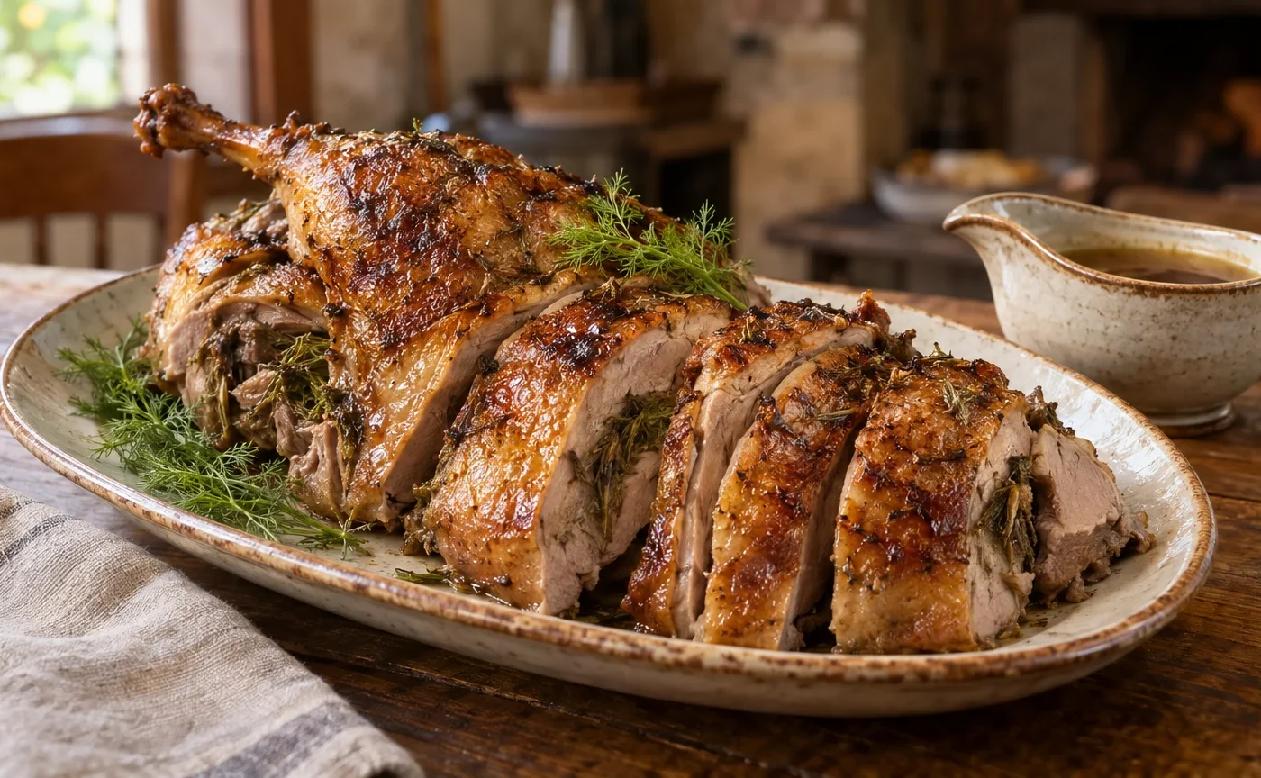 Oca in porchetta umbra arrosto con finocchietto selvatico in teglia