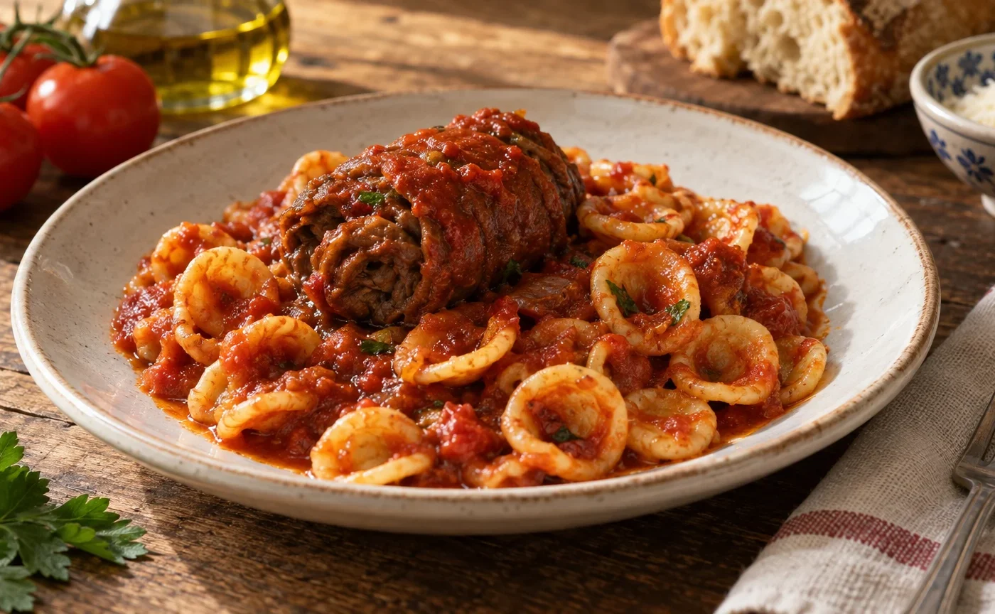 Orecchiette condite con ragù di pomodoro e braciole di manzo pugliesi