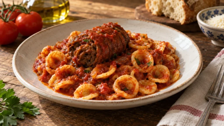 Orecchiette condite con ragù di pomodoro e braciole di manzo pugliesi
