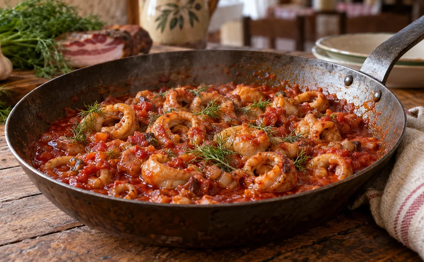 Pajata in padella con sugo di pomodoro e finocchietto selvatico
