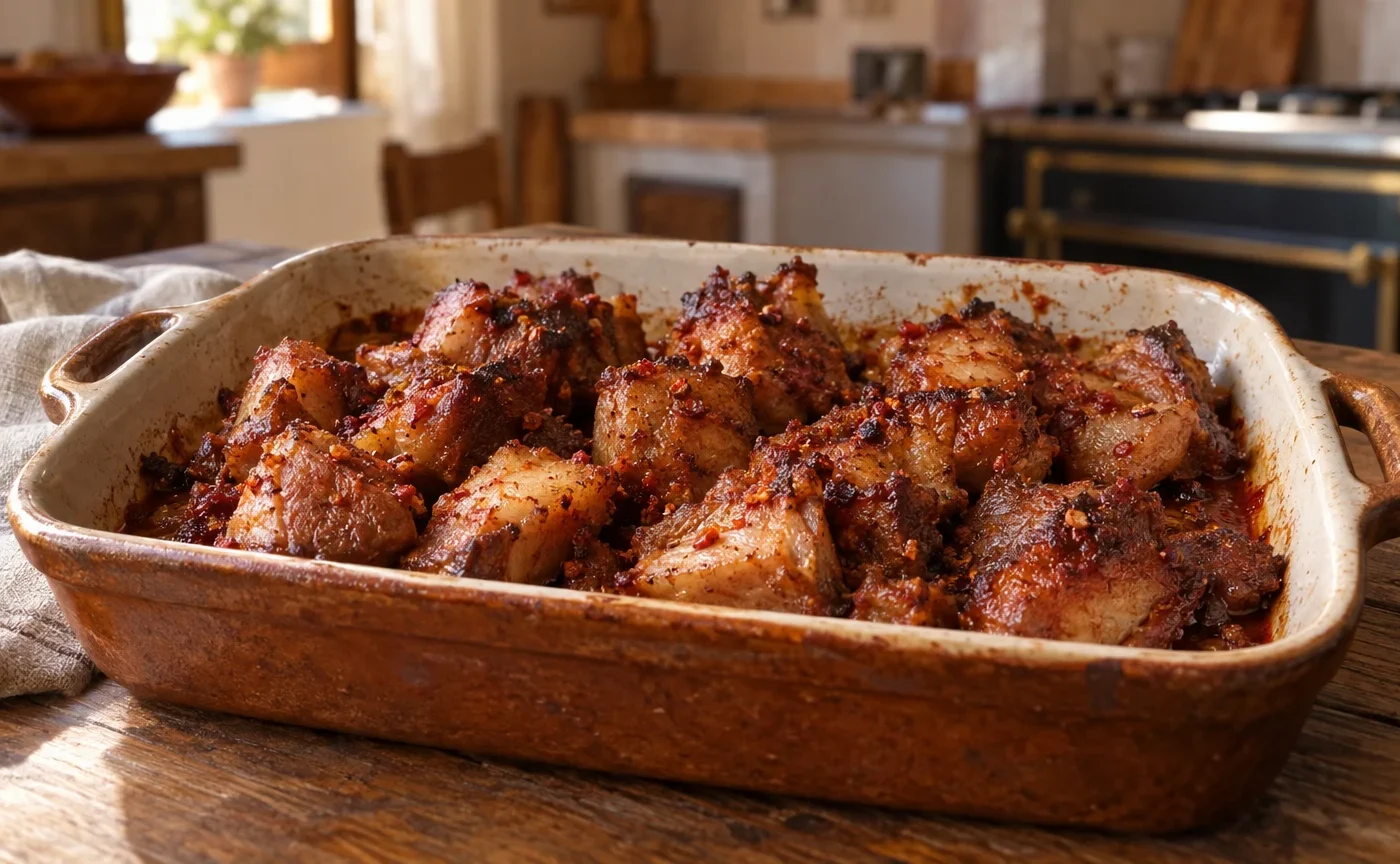 Pampanella molisana al forno con carne di maiale al peperoncino in teglia rustica