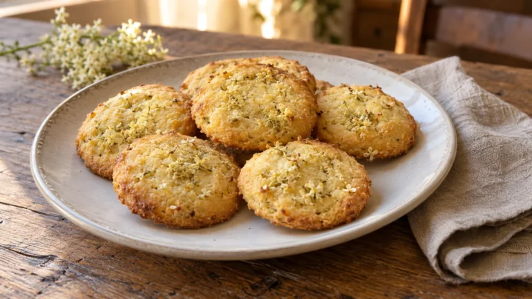 Pan meino lombardo con fiori di sambuco disposto su un piatto di ceramica