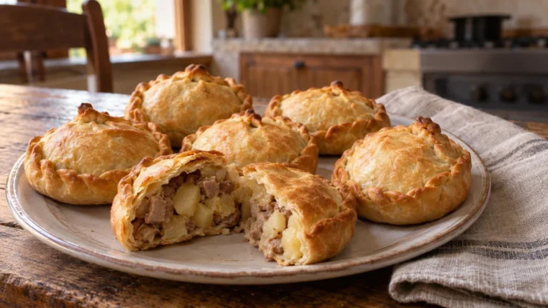 Panadas sarde dorate con chiusura a pizzico, servite su un piatto di ceramica rustica