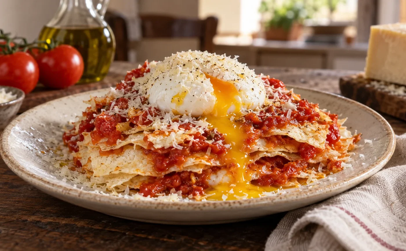 Pane frattau sardo con pane carasau, sugo di pomodoro, pecorino e uovo in camicia