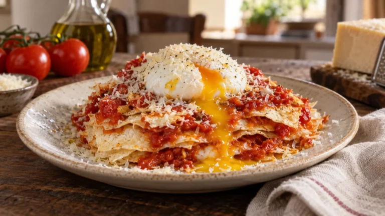 Pane frattau sardo con pane carasau, sugo di pomodoro, pecorino e uovo in camicia