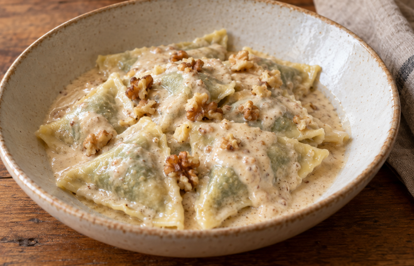 Pansoti liguri appena conditi con salsa di noci cremosa in un piatto di ceramica