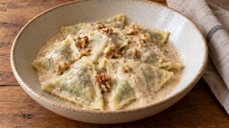 Pansoti liguri appena conditi con salsa di noci cremosa in un piatto di ceramica