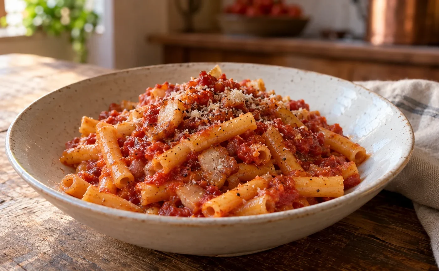 Pasta alla lardiata napoletana con ziti spezzati, sugo di pomodoro e lardo