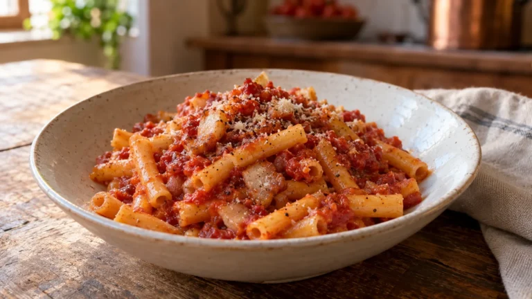 Pasta alla lardiata napoletana con ziti spezzati, sugo di pomodoro e lardo