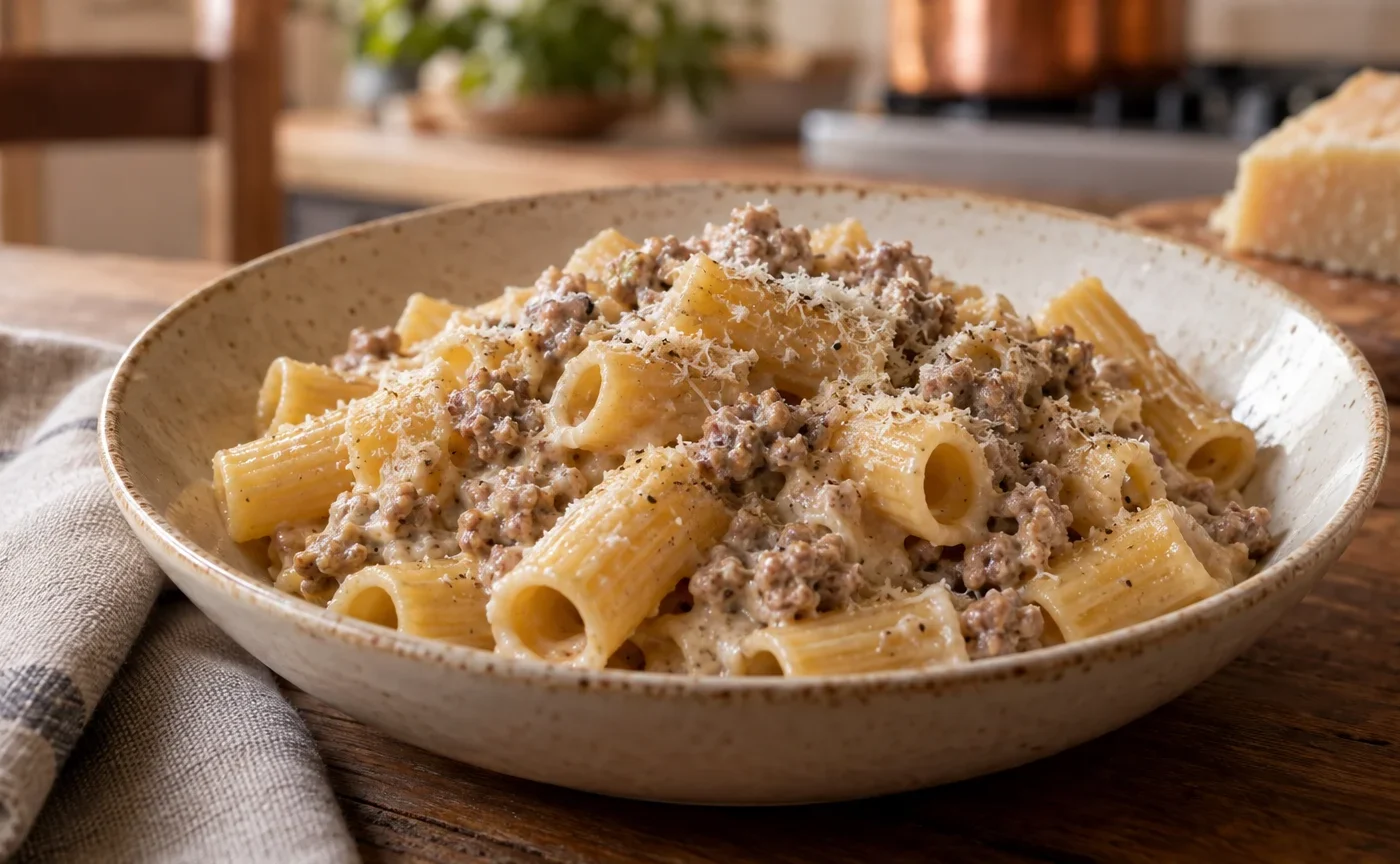 Rigatoni alla norcina con salsiccia, panna e pecorino serviti in un piatto di ceramica