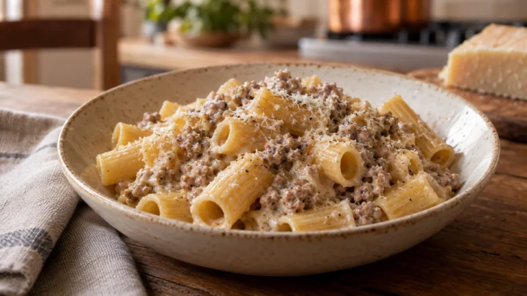 Rigatoni alla norcina con salsiccia, panna e pecorino serviti in un piatto di ceramica