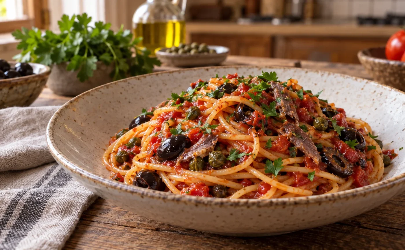 Pasta alla puttanesca con spaghetti, pomodoro, olive nere, capperi e prezzemolo