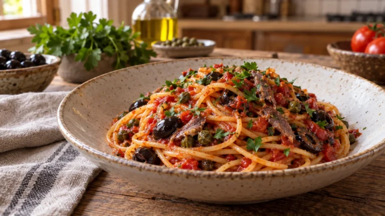 Pasta alla puttanesca con spaghetti, pomodoro, olive nere, capperi e prezzemolo