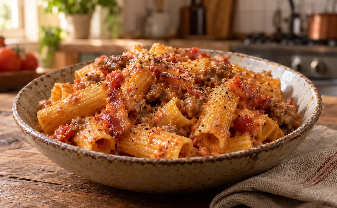 Pasta alla zozzona con rigatoni, guanciale, salsiccia e crema di pecorino