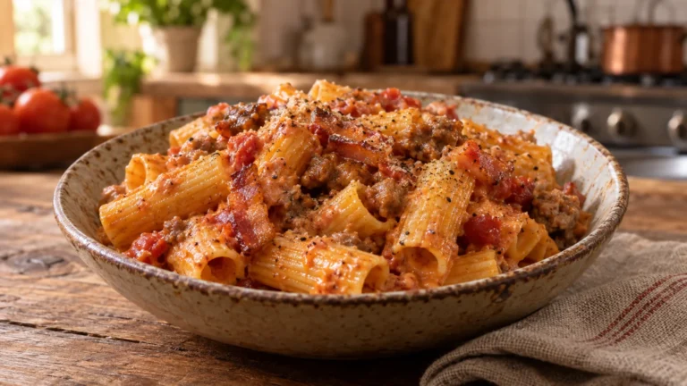 Pasta alla zozzona con rigatoni, guanciale, salsiccia e crema di pecorino