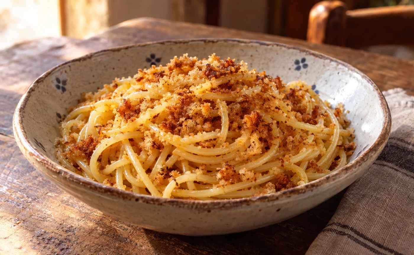 Pasta ca muddica calabrese con mollica di pane tostata su piatto di ceramica