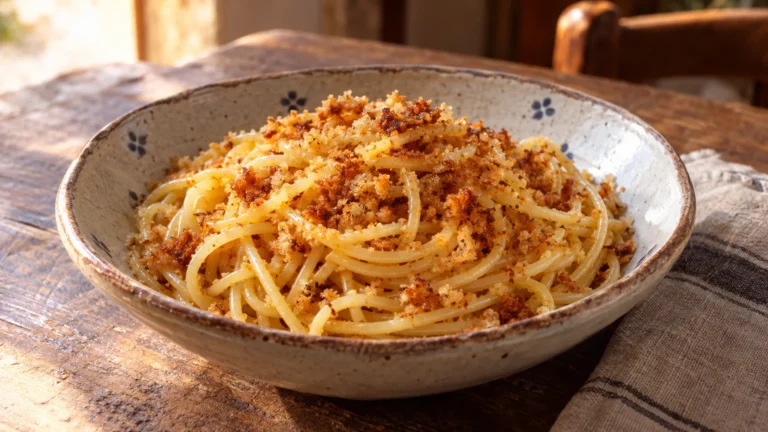 Pasta ca muddica calabrese con mollica di pane tostata su piatto di ceramica