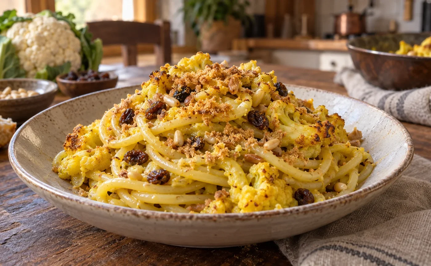 Pasta con broccoli arriminati siciliana con cavolfiore, uvetta, pinoli e mollica tostata