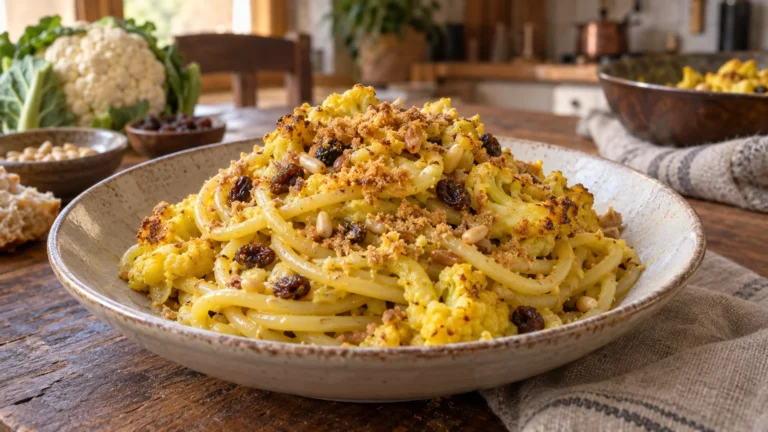 Pasta con broccoli arriminati siciliana con cavolfiore, uvetta, pinoli e mollica tostata