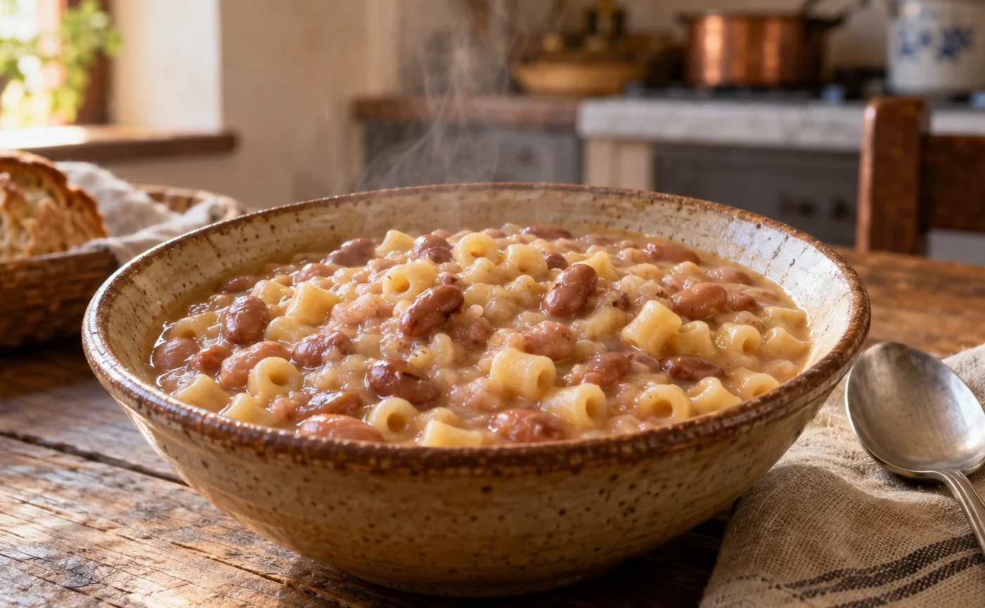 Pasta e fasioi veneta cremosa con borlotti e ditalini servita in una ciotola