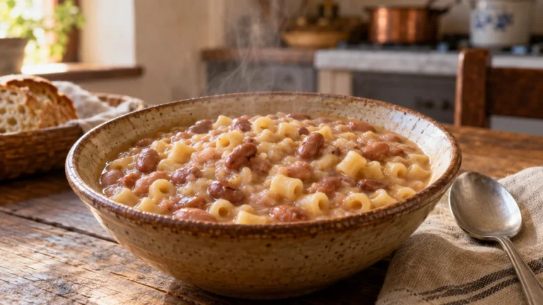 Pasta e fasioi veneta cremosa con borlotti e ditalini servita in una ciotola