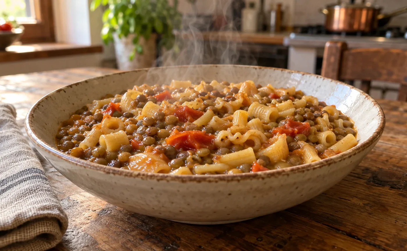 Pasta e lenticchie alla napoletana cremosa servita in una ciotola di ceramica