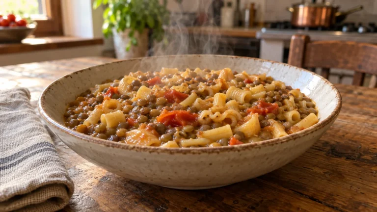 Pasta e lenticchie alla napoletana cremosa servita in una ciotola di ceramica