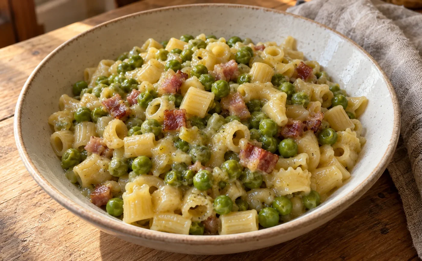 Pasta e piselli alla napoletana cremosa con pasta mista, piselli e pancetta in un piatto di ceramica