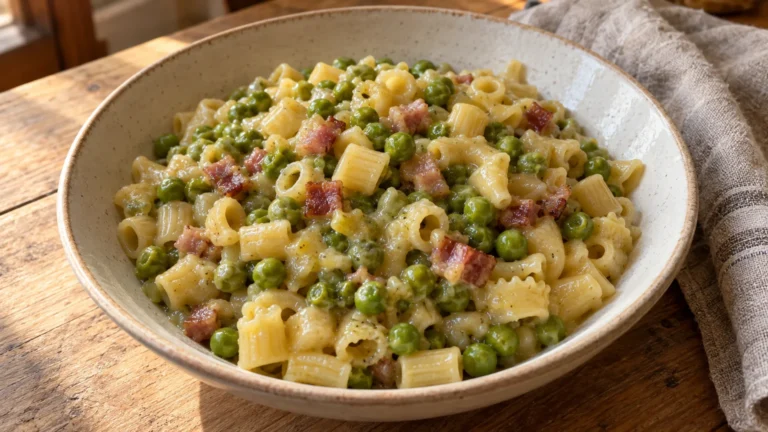 Pasta e piselli alla napoletana cremosa con pasta mista, piselli e pancetta in un piatto di ceramica