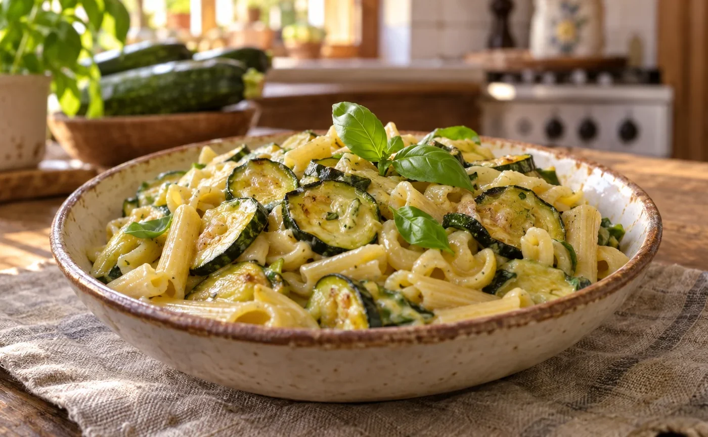 Pasta e zucchine alla napoletana cremosa con zucchine dorate e basilico