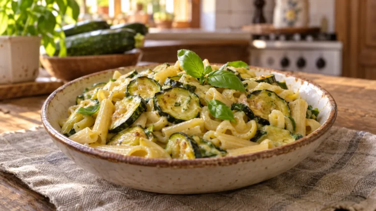 Pasta e zucchine alla napoletana cremosa con zucchine dorate e basilico