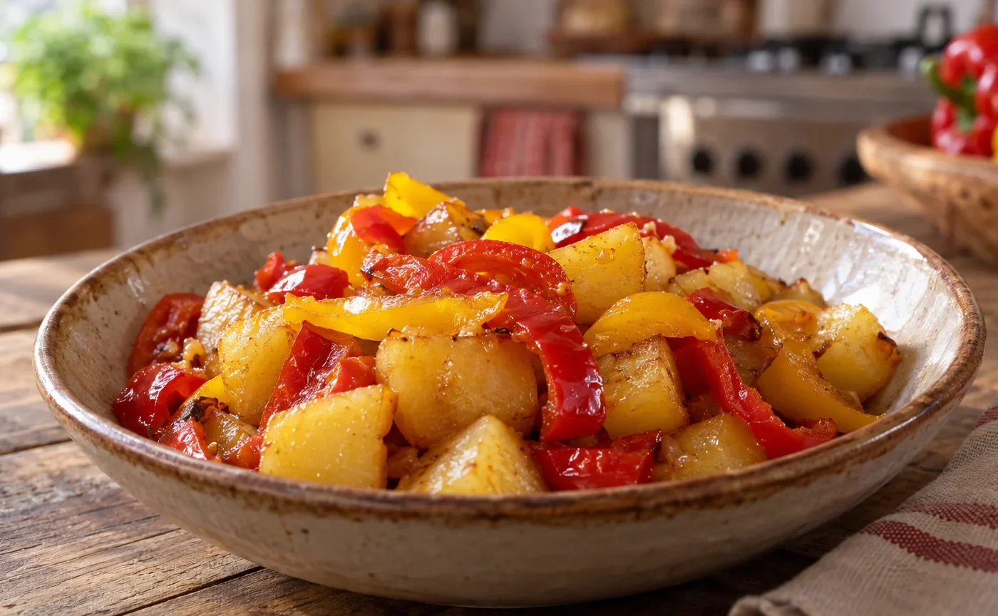 Patate e pipi calabresi in padella con cubetti di patate dorati e peperoni rossi e gialli