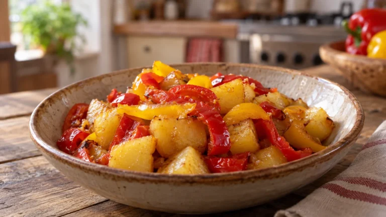Patate e pipi calabresi in padella con cubetti di patate dorati e peperoni rossi e gialli