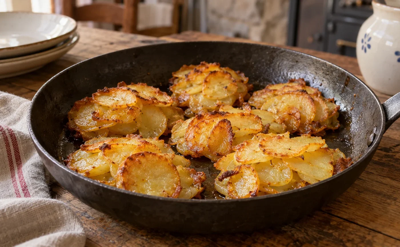 Patate ’mpacchiuse calabresi dorate e raccolte in piccoli gruppi in una padella