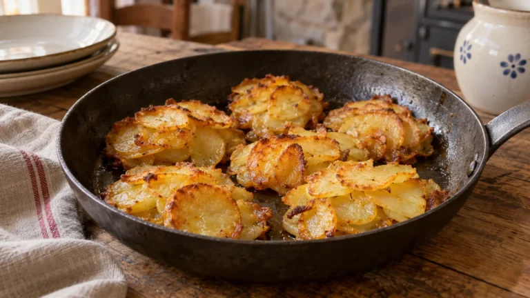 Patate ’mpacchiuse calabresi dorate e raccolte in piccoli gruppi in una padella