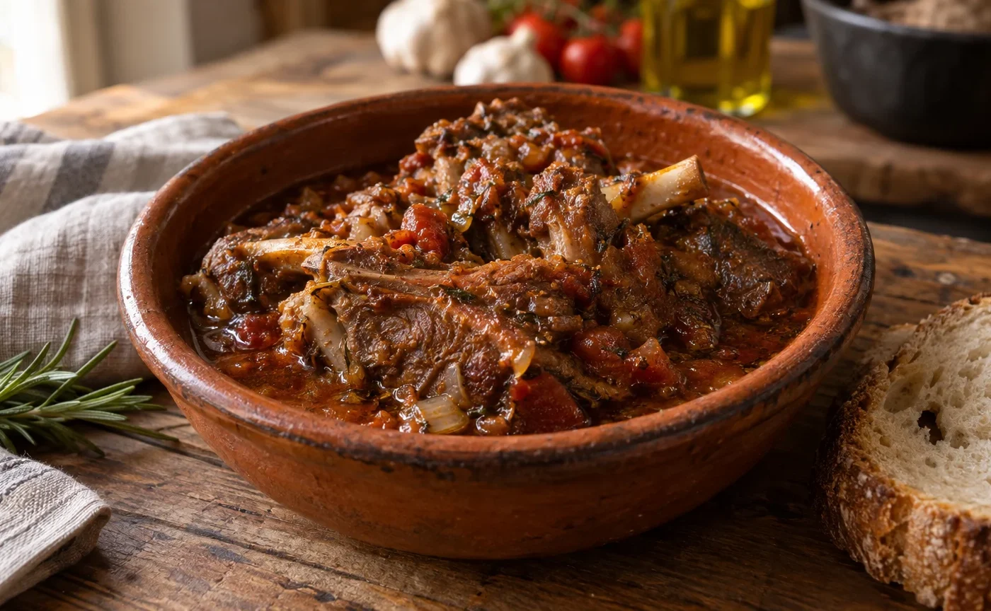 Pecora alla callara abruzzese servita con il suo fondo di cottura in una ciotola di terracotta