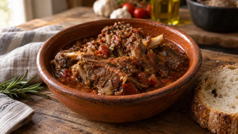 Pecora alla callara abruzzese servita con il suo fondo di cottura in una ciotola di terracotta