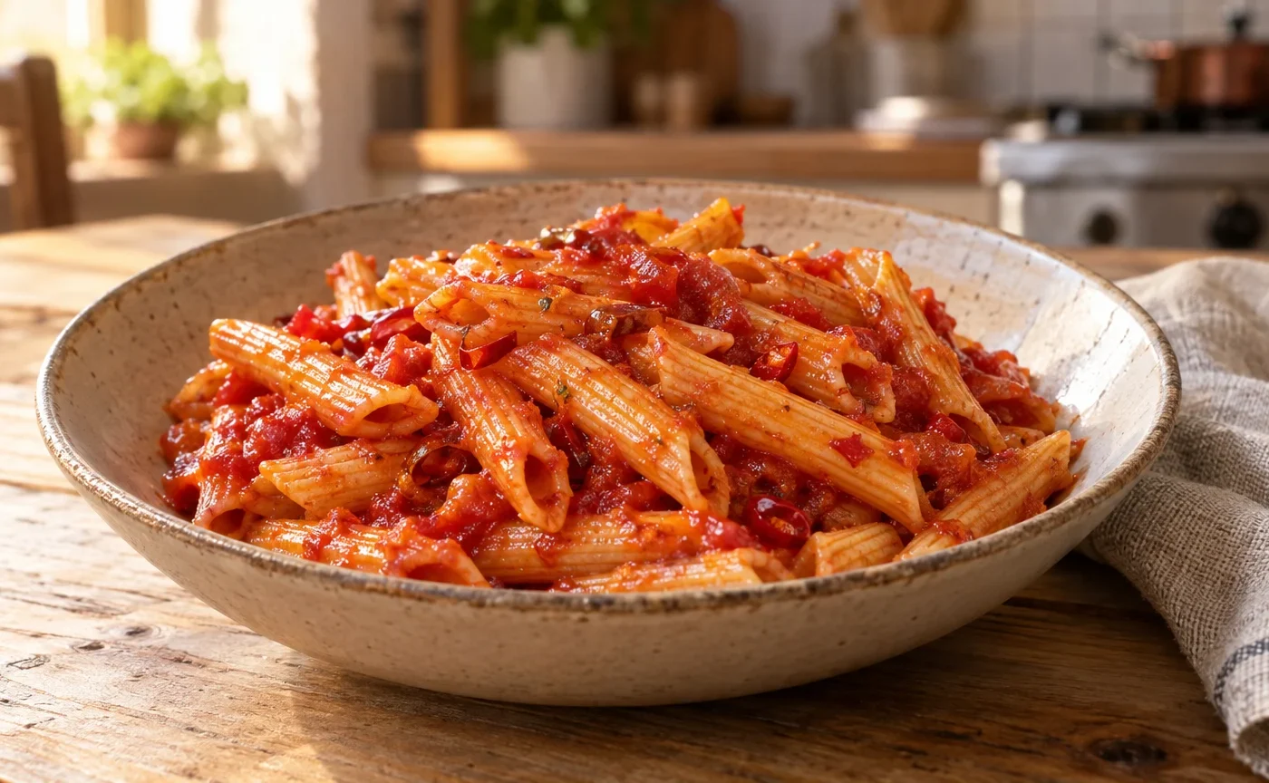 Penne all’arrabbiata con sugo di pomodoro e peperoncino servite in un piatto di ceramica