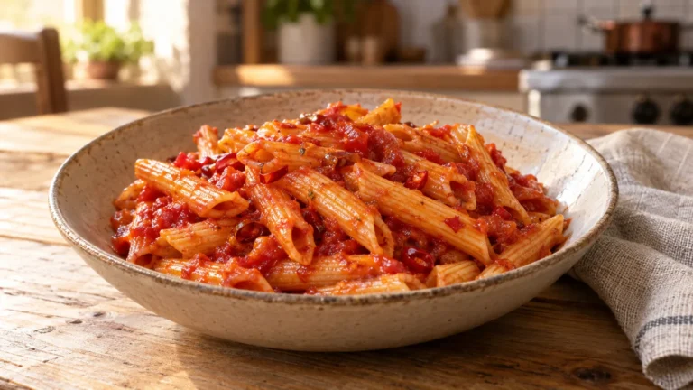 Penne all’arrabbiata con sugo di pomodoro e peperoncino servite in un piatto di ceramica