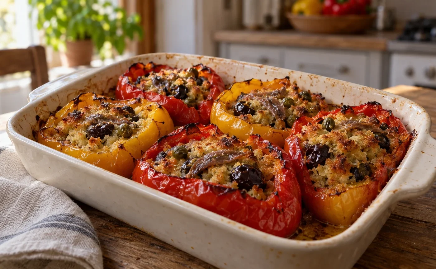 Peperoni imbottiti napoletani al forno con ripieno dorato di pane, olive, capperi e acciughe