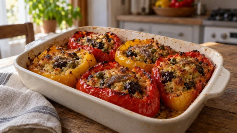 Peperoni imbottiti napoletani al forno con ripieno dorato di pane, olive, capperi e acciughe